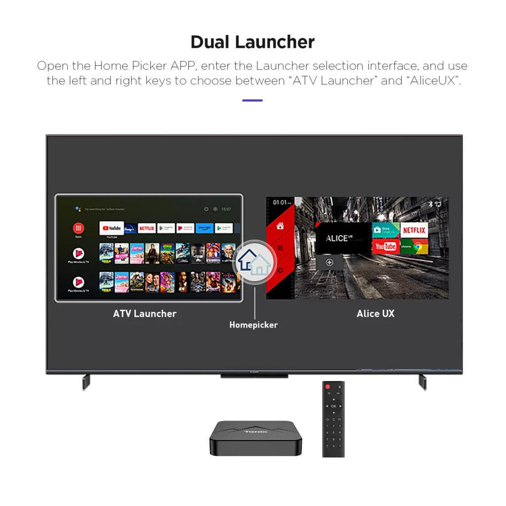 Android TV Box Amlogic Y4 Dual Launcher Home Picker ATV Launcher and AliceUX