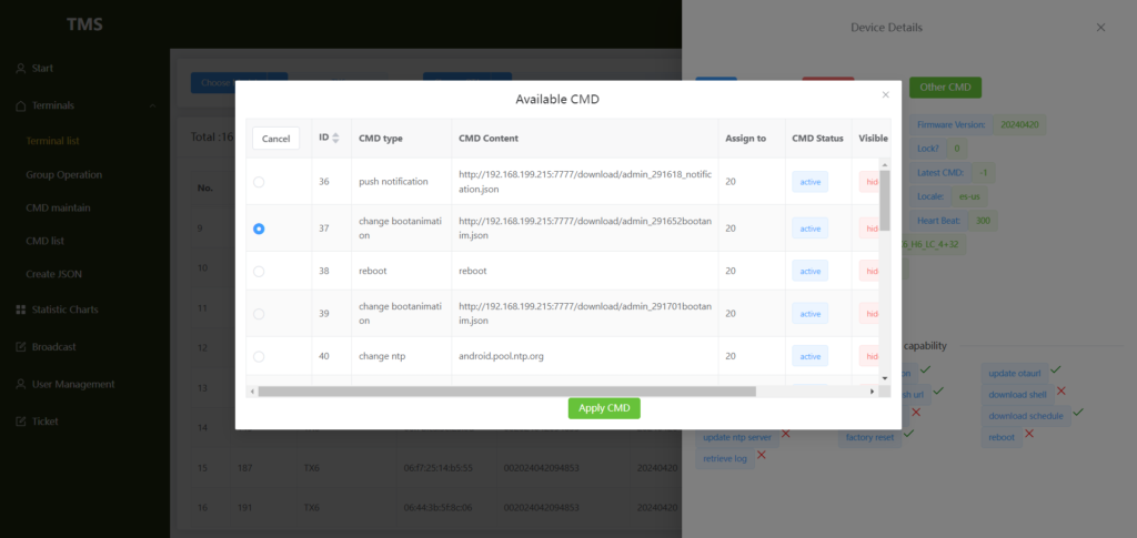 Android TV Box Terminal Management System TMS Available CMD